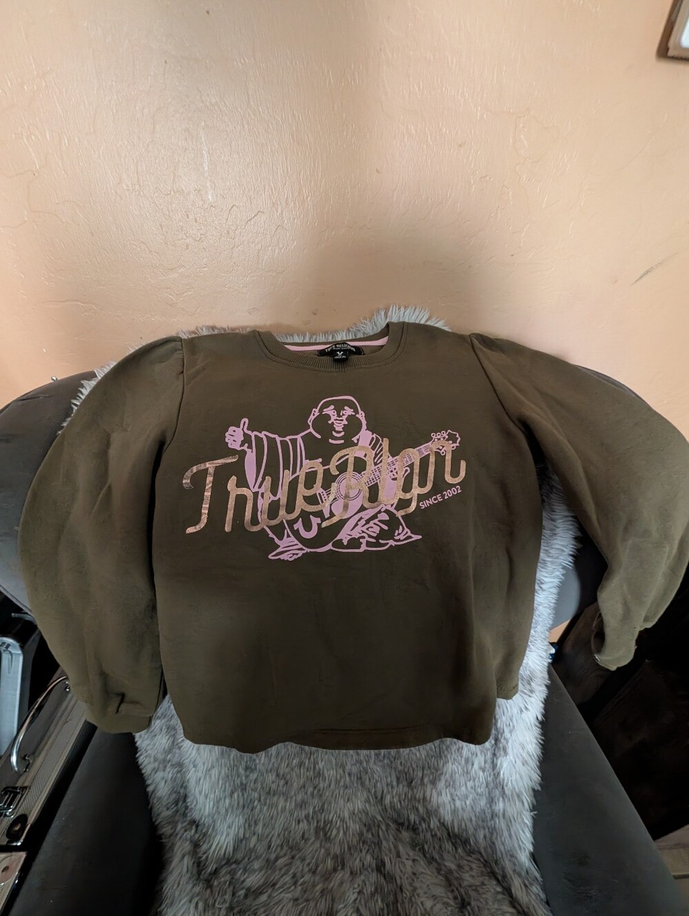True Religion Olive Green Crewneck Sweatshirt with Pink Graphic